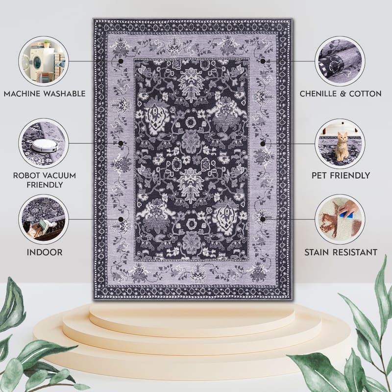 Machine Washable Indoor Rug Floral Pattern Stain Free for Indoor Living Room Bedroom Office Area Rug