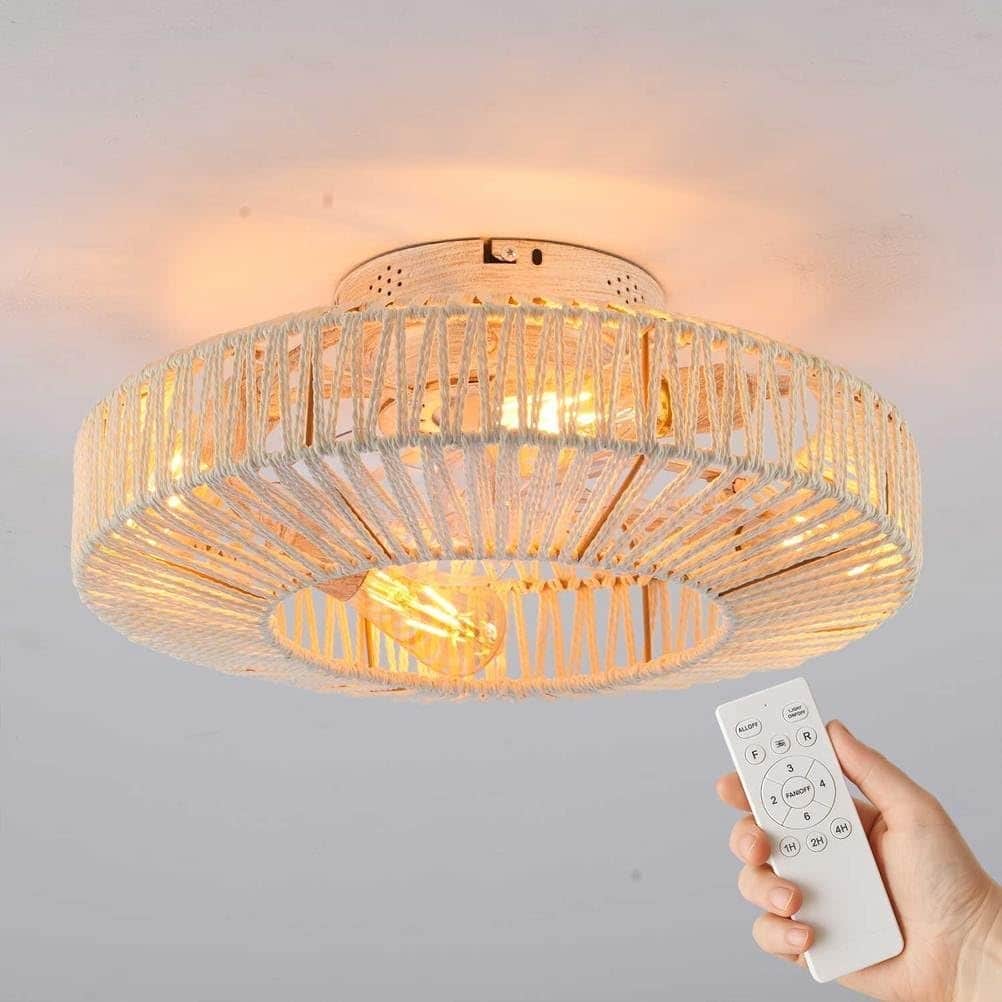 20" Boho Caged Ceiling Fan with Remote, Flush Mount Low Profile Fan with Handmade Rope Shade, Quiet Enclosed Fandelier - N/A