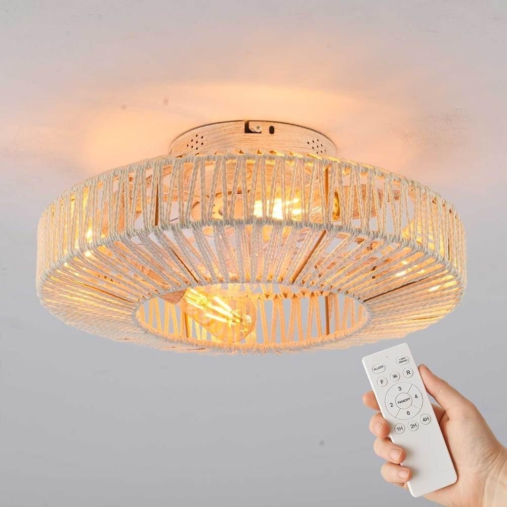 Sofucor 20" Boho Caged Ceiling Fan with Remote, Flush Mount Low Profile Fan with Handmade Rope Shade, Quiet Enclosed Fandelier