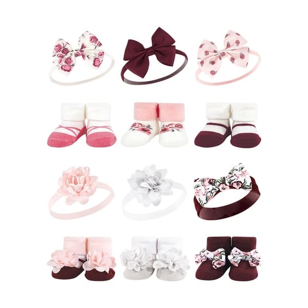 slide 1 of 1, Hudson Baby Infant Girl 12Pc Headband and Socks Giftset, Rose Pink Burgundy, One Size - Rose Pink Burgundy Rose Pink Burgundy - One Size