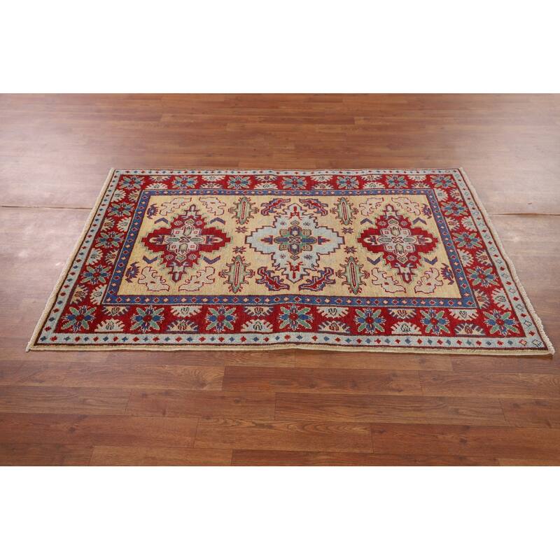 Geometric Kazak Accent Rug Handmade Traditional Wool Carpet - 3'3" x 5'1"