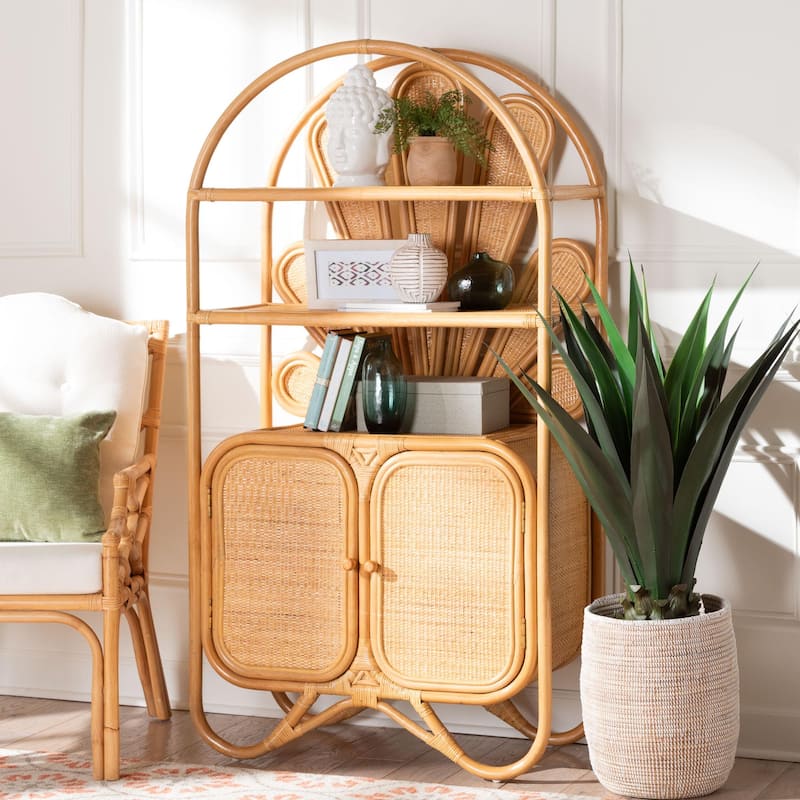 Noreen Peacock Fan Natural Rattan Cabinet - Handcrafted Rattan Pole Hutch with Woven Doors and Shelves, Boho Coastal Accent
