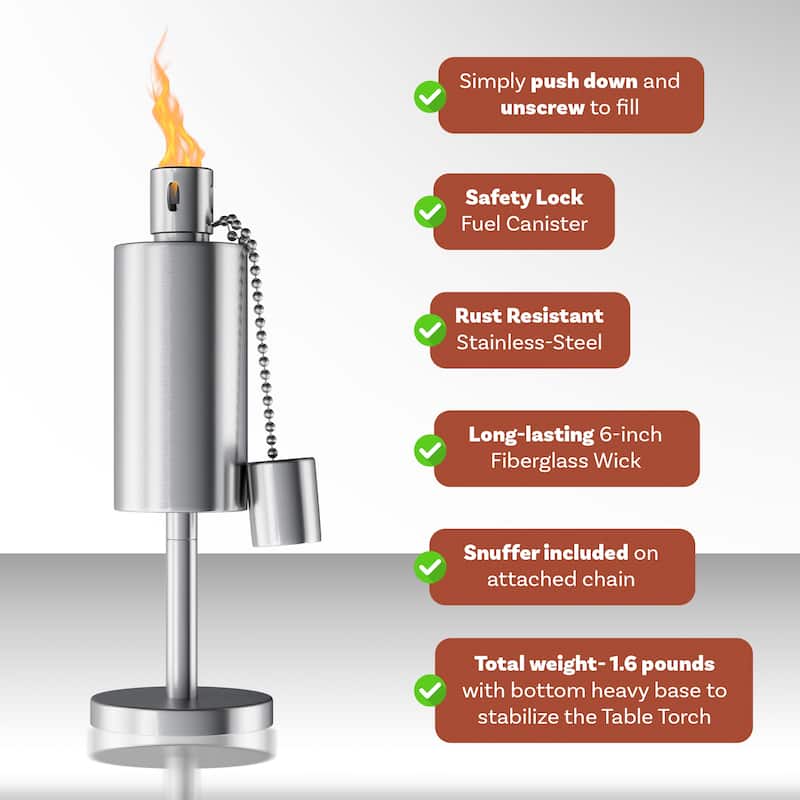 Tabletop Torch Lamp- 10.5" Stainless Steel Outdoor Fuel Canister Flame Light for Citronella Pure Garden