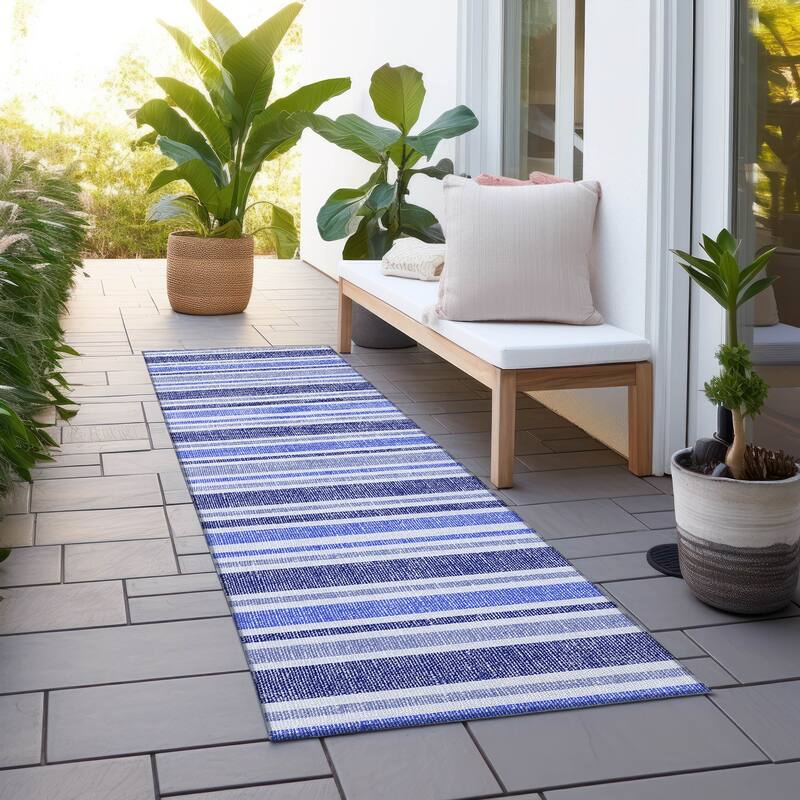 Machine Washable Indoor/ Outdoor Multi Cabana Stripe Chantille Rug - Blue - 2'3" x 7'6"