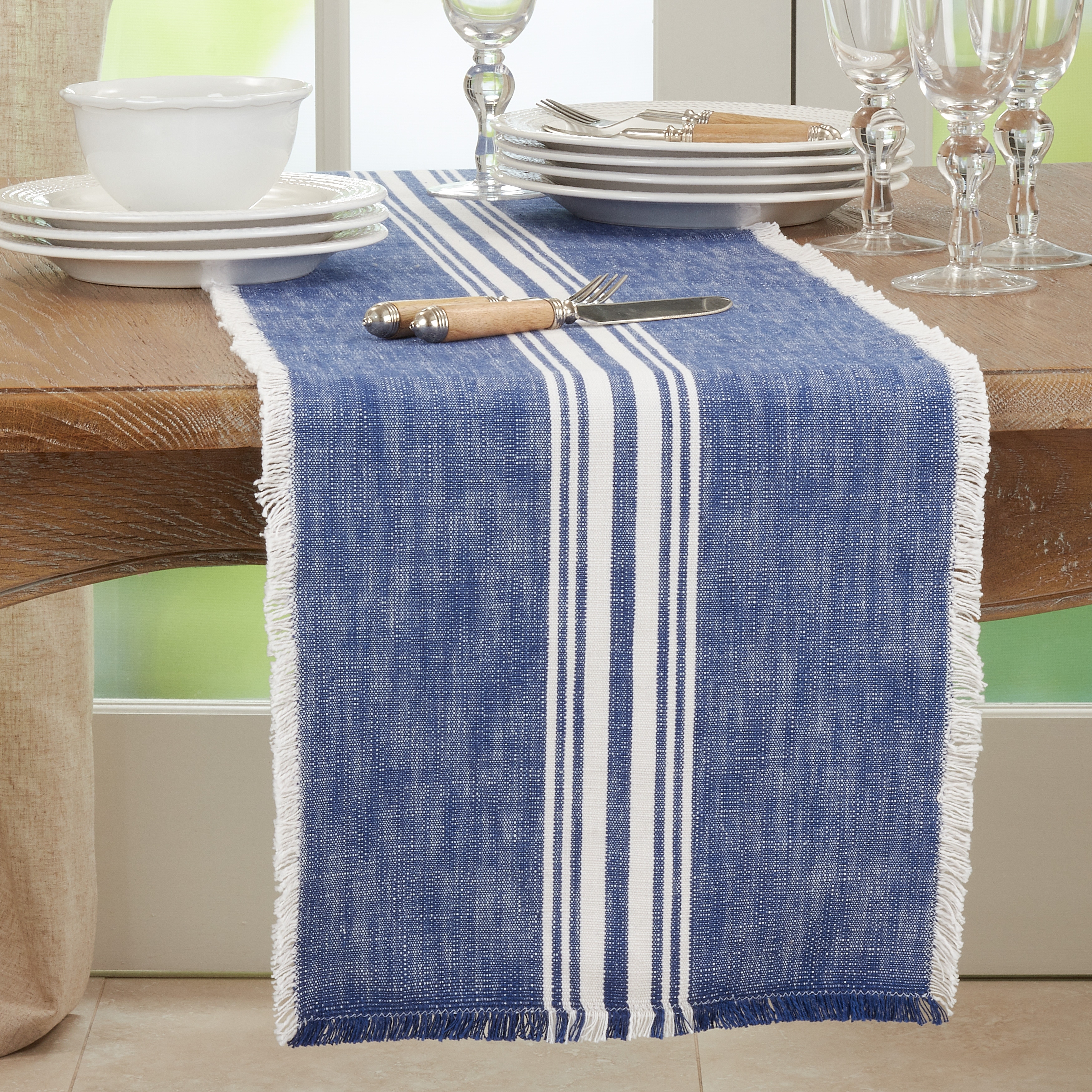 Striped Table Runner With Fringe Design - 13"x72"