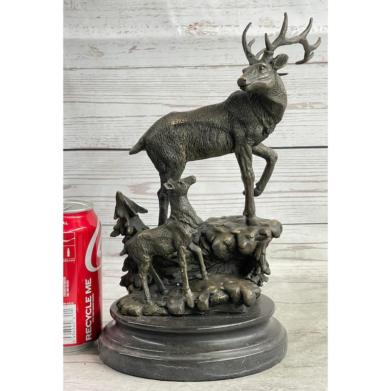Signed Original Male Stag With His Baby Fawn Bronze Sculpture Marble Base Statue