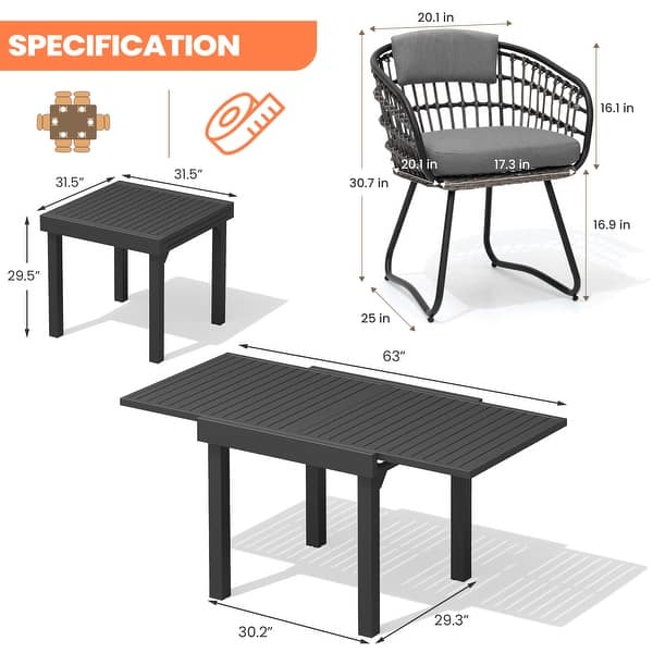 dimension image slide 4 of 8, 7/9/11PC Outdoor Aluminum Expandable Patio Dining Sets Table with Wicker Chair