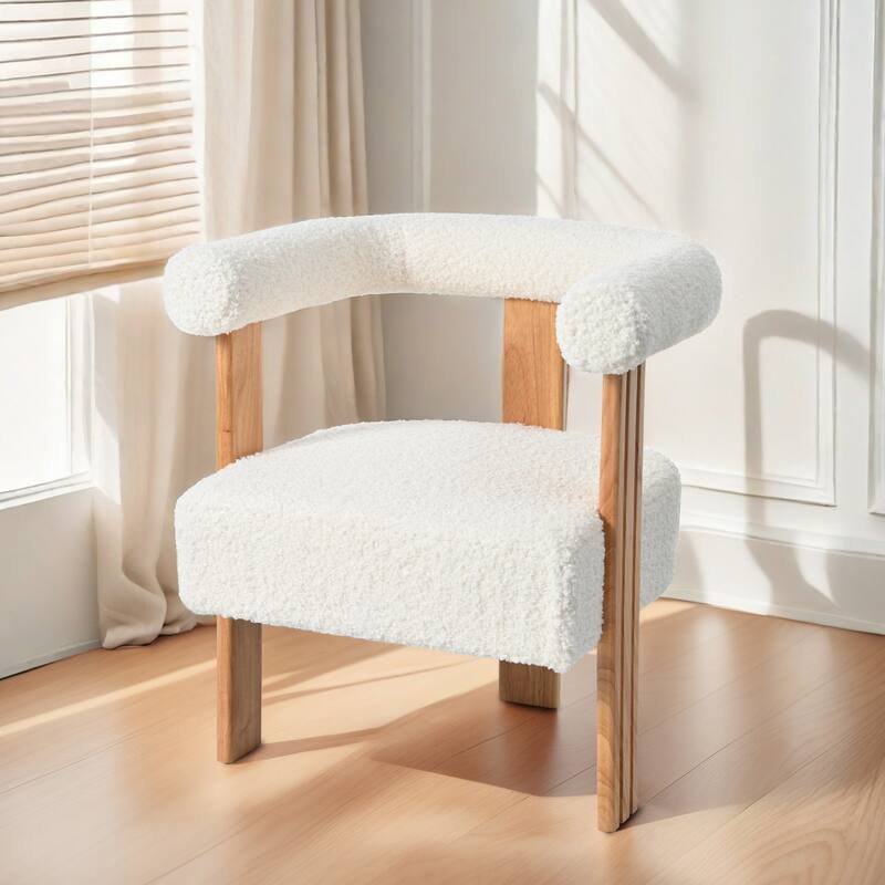Roomfitters Mid-Century Modern Barrel Accent Chair, Luxe Teddy Boucle Fabric Armchair with Rubberwood Legs, Cream White