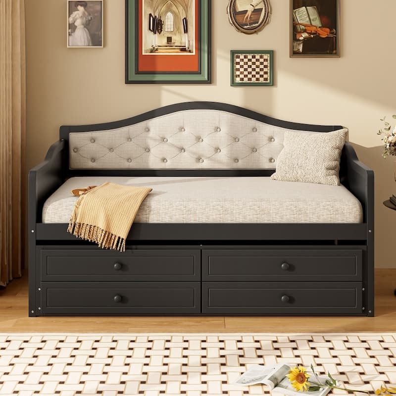 Twin Size Wooden Daybed with Trundle and 2 Drawers, Upholstered Backrest