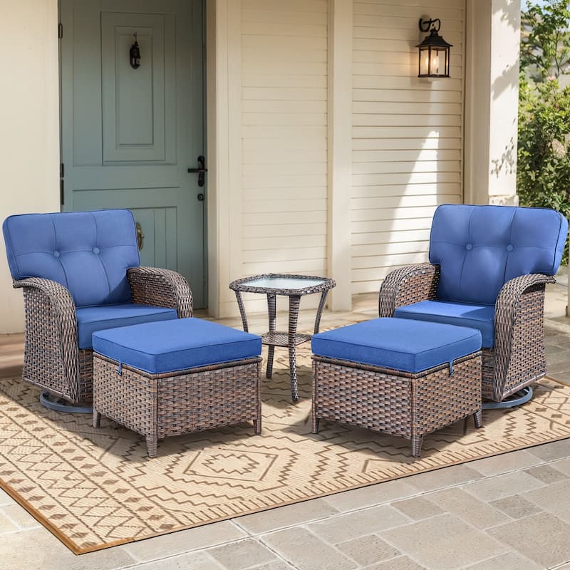 5 Pieces Pocassy Swivel Chair Table with Ottomans - Brown Wicker & Grey Cushion