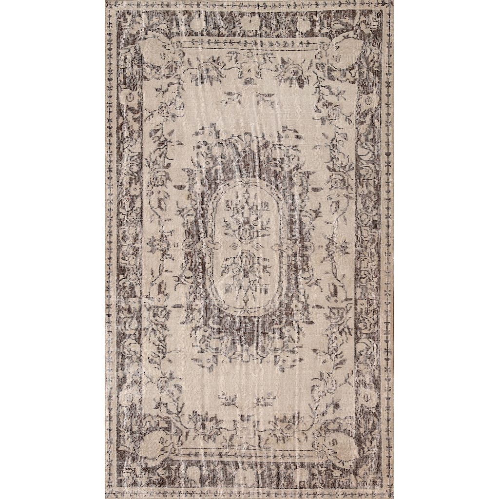 Distressed Sparta Turkish Vintage Area Rug Handmade Beige Wool Carpet - 3'8" x 6'11"