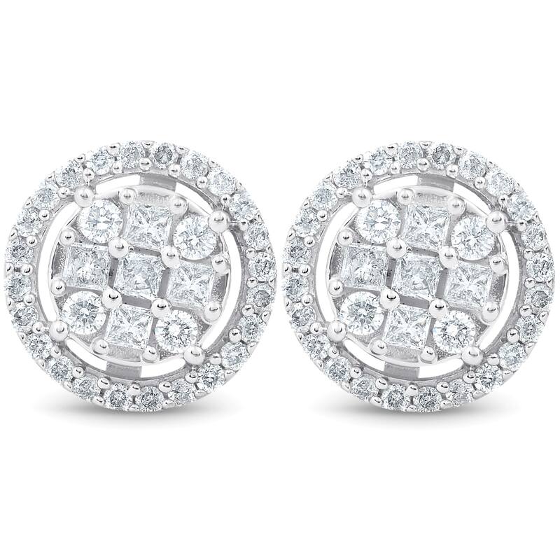 Bliss Diamond 5/8 cttw Princess Cut Diamond Halo Screw Back Studs White Gold 9.5MM - White