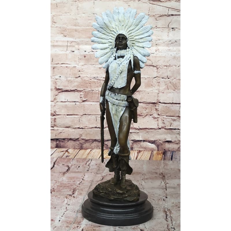 Native American Girl In Feathered Bonnet Bronze Statue Signed Original
