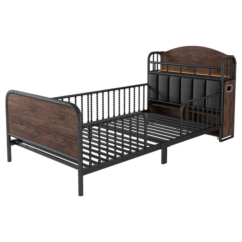 Kids Platform Bed Metal Frame with Linen Fabric Upholstered Storage Headboard Built-in Light Strip, Both Sides Rails