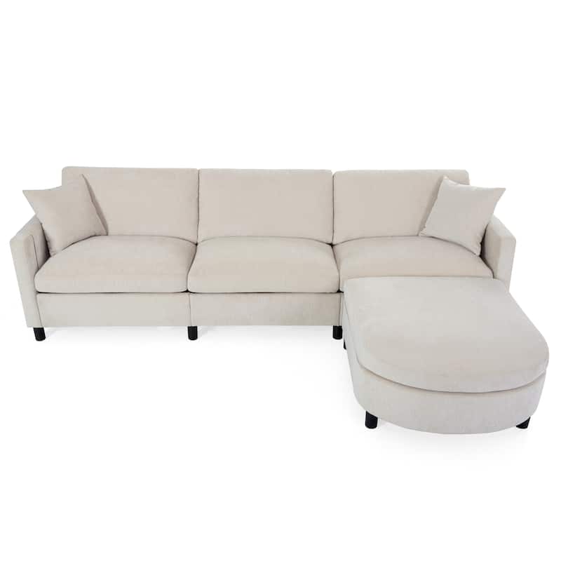 Beige Sectional Sofa, 107.87" with Ottoman, Removable Cushions, and Armrest Pockets