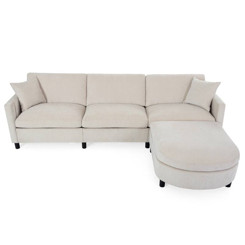 Modern Fabric Sofa with Storage Armrest, Movable Ottoman, and Durable Frame - 3 Seat Couch