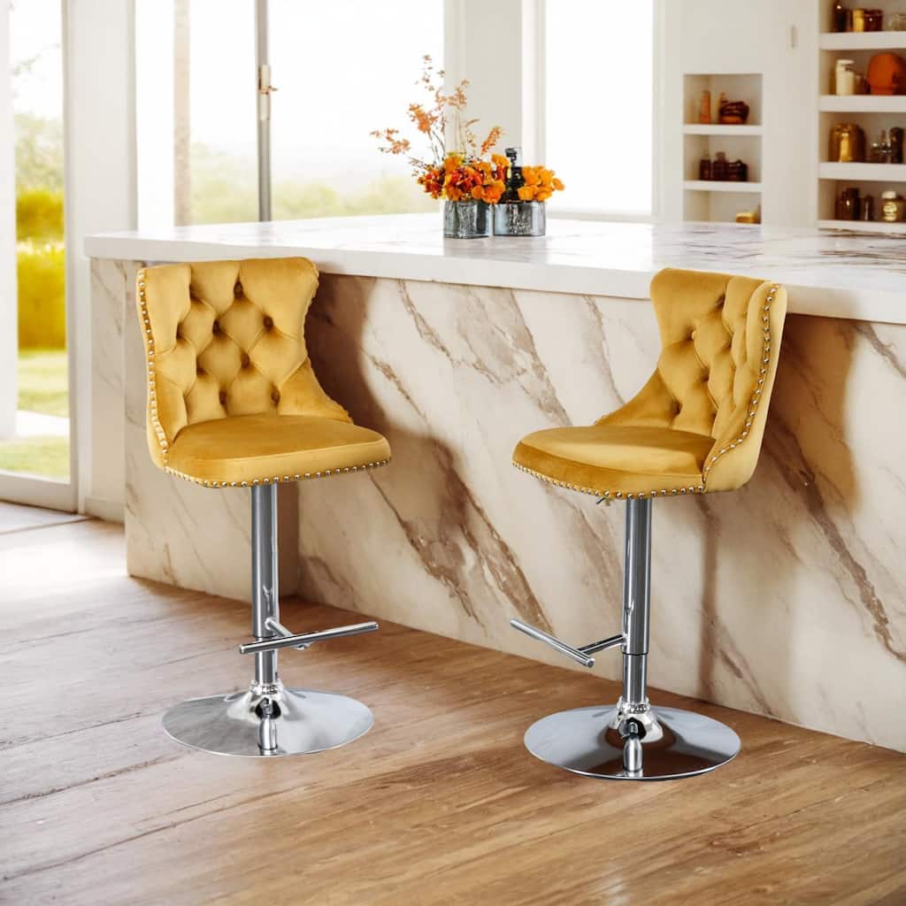 Modern Upholstered Chrome base Bar Stools with Backs Comfortable Tufted for Home Pub and Kitchen Island（Set of 2）