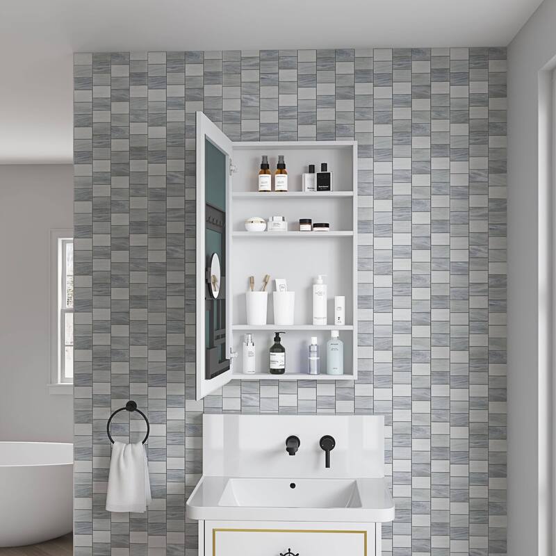 Wall Mounted Bathroom Medicine Cabinet with HD Mirror, Recessed or Surface Mount, Storage for Cosmetics & Personal Care - 36X20 in Left door - White + Engineered Wood