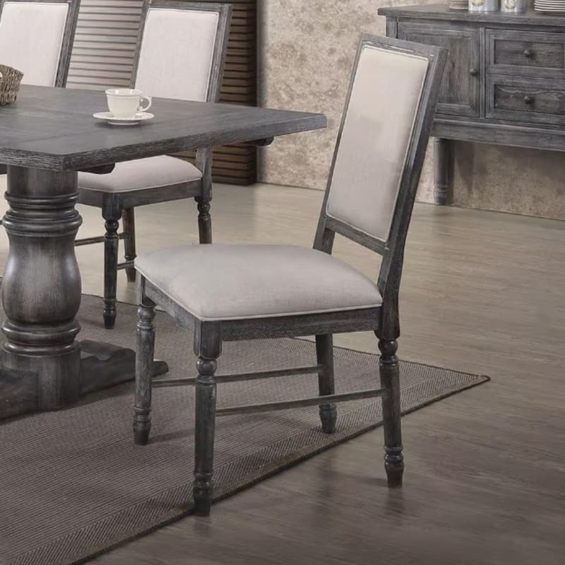 Set of 2 Linen Upholstered Dining Chairs, Cream and Weathered Gray