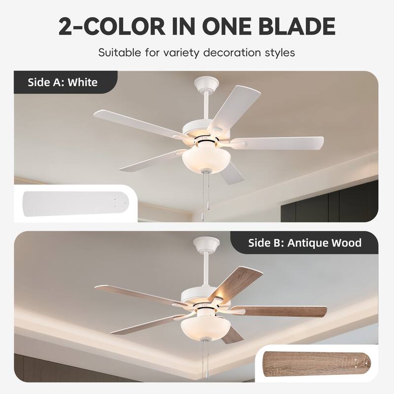 White 52 in. Indoor 5-Blade Modern Reversible Ceiling Fan with Light Kit and Pull Chain - 52 in. Dia x 16.7 in. or 21.7 in.
