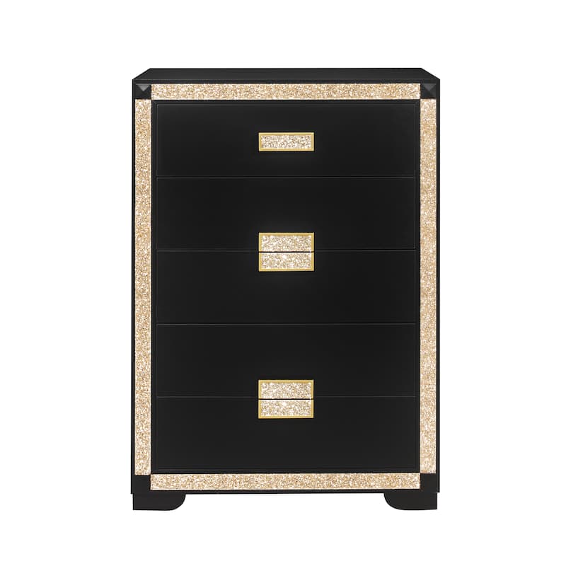 HomeRoots 48" Black And Gold Faux Crystal Bling Wood Six Drawer Dresser