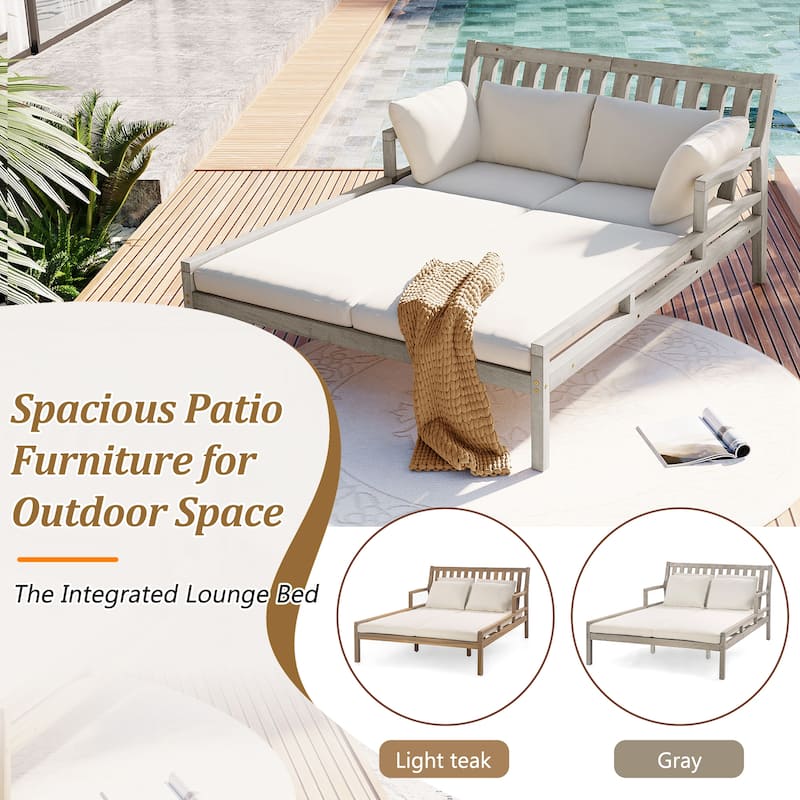 Outdoor Daybed with Four Pillows, Wooden Outdoor Bed with Curved Armrests for Poolside
