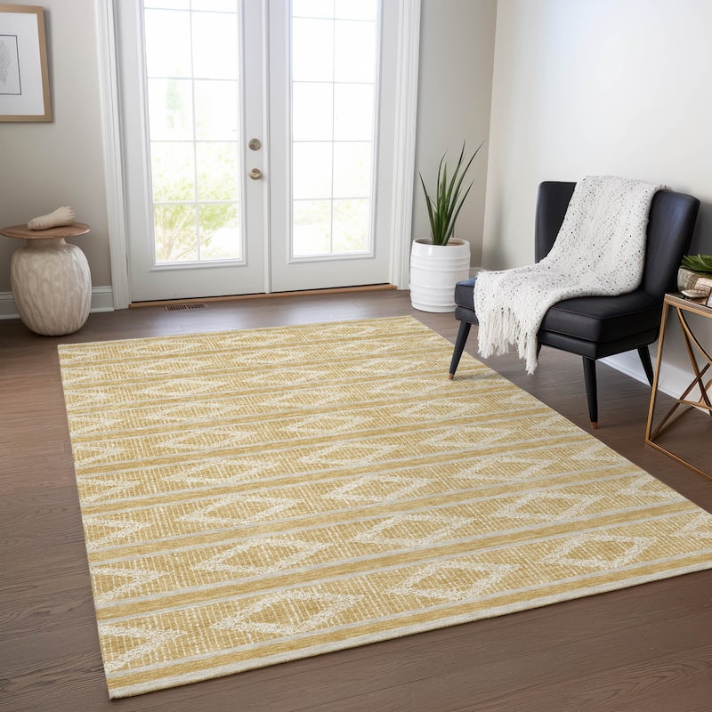 Machine Washable Indoor/ Outdoor Diamond Stripe Chantille Rug - Gold - 10' x 14'
