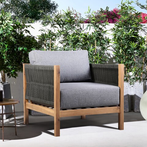 Sienna Outdoor Patio Lounge Chair in Eucalyptus Wood with Teak Finish and Gray Fabric