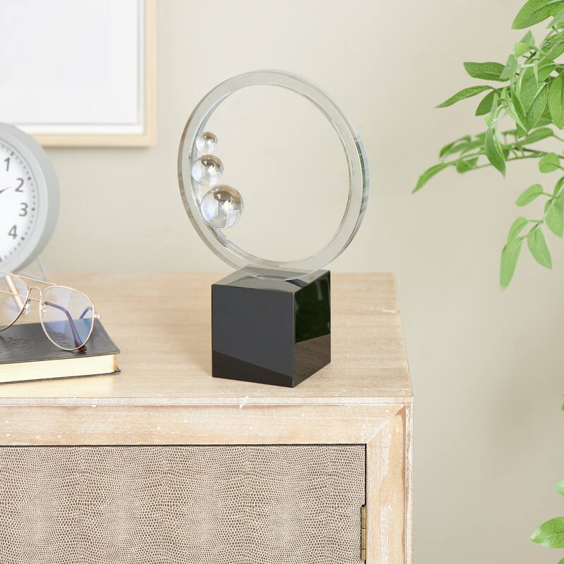 Clear Glass Ring Abstract Decorative Sculpture with Clear Orbs and Black Square Base
