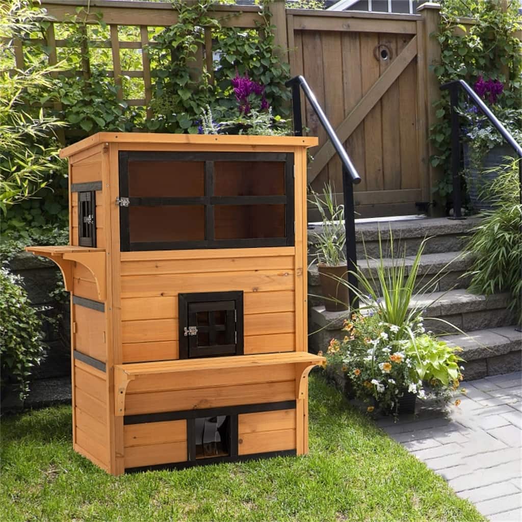 Outdoor Cat House with 5 Easy Access Doors, Escape Door, Jump Platform & Weather-Resistant Roof - 36.75" L x 26.5" W x 46" H