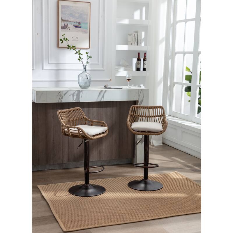 Set of 2 Swivel Upholstered Adjustable Counter Height Bar Stools With Footrest