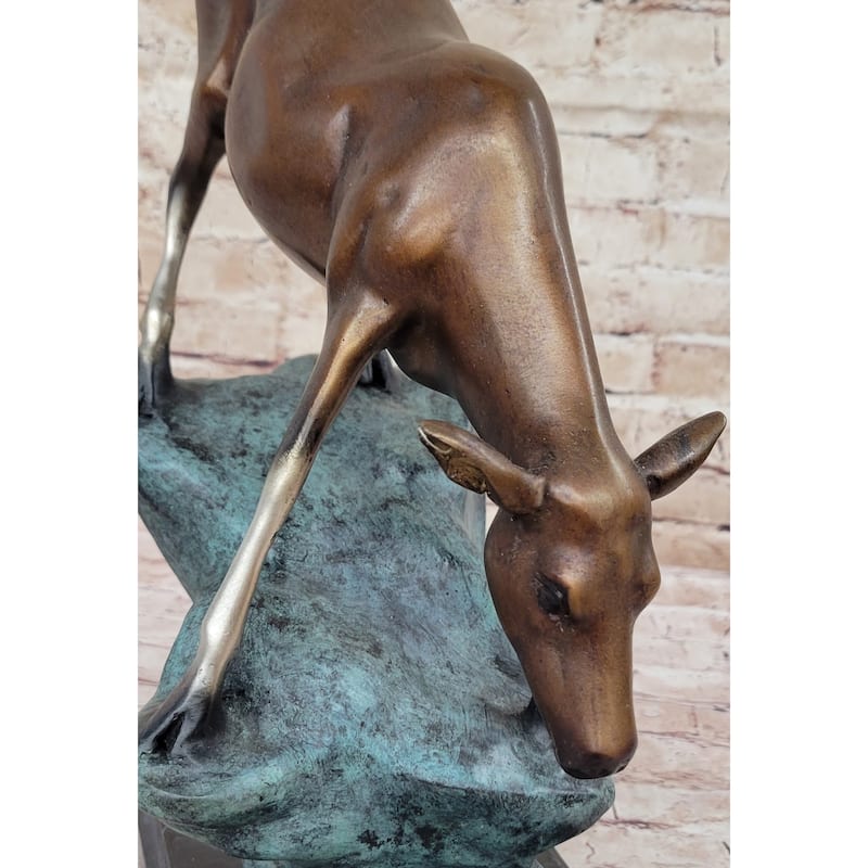 Limned Edition Bronze Deer Sculpture – Graceful Doe Drinking Water Statue