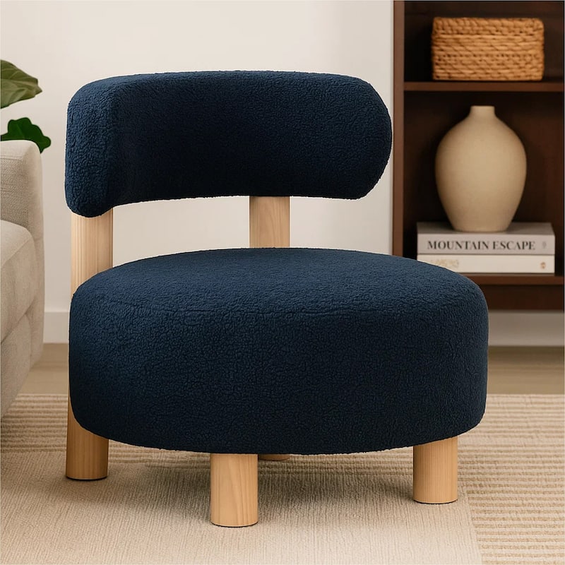 Zona Accent Chair, Barrel Back, Navy Blue Boucle Fabric and Brown Wood