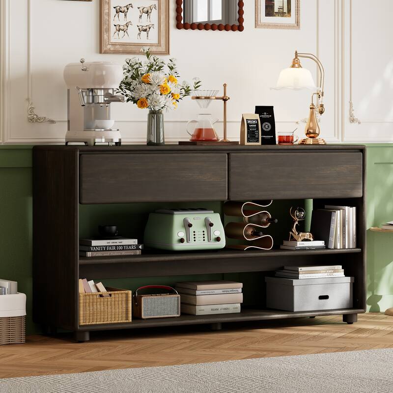 Vintage Narrow Console Table Entryway Table with Drawers and Shelves, 2-Tier Display Stand Living Room Accent Table