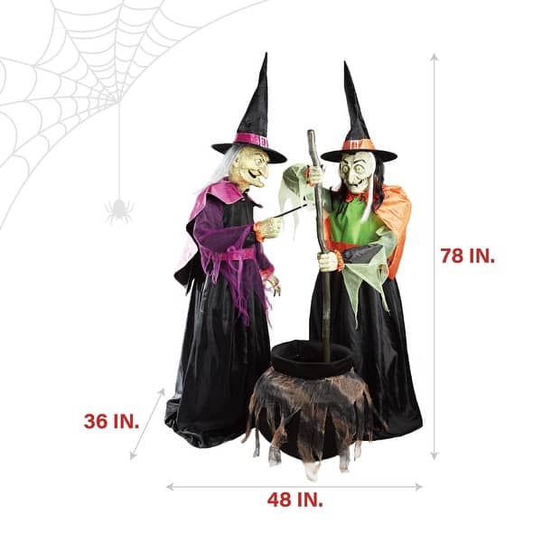Haunted Hill Farm Gretel and Hildie the Wicked Cauldron Witches, Premium Talking Halloween Animatronic, Plug-In