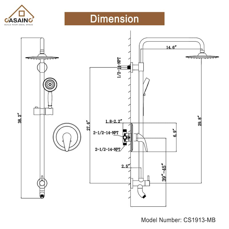3-Spray Patterns 9-In Wall Mounted Shower System with Sliding Bar (Matte Black)
