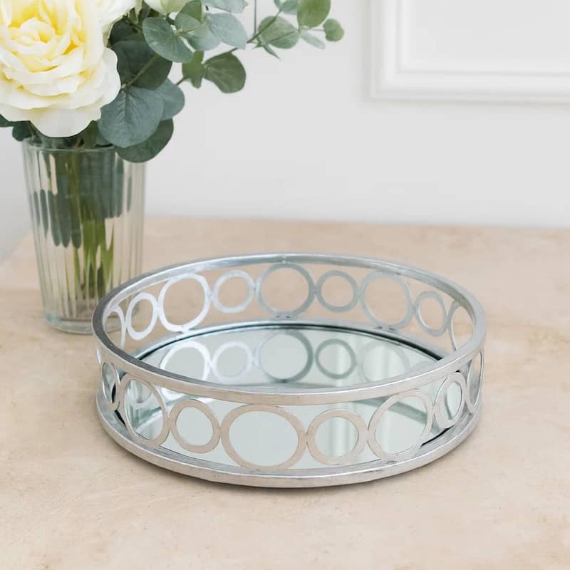 Round Metal Tray Set of 2 with Geometric Mirror Panel Inserts, Silver