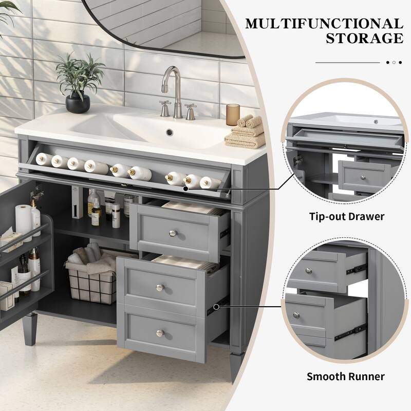 GDFStudio - Riviera Modern Bathroom Vanity with Resin Sink, Tip-Out Drawer and Adjustable Storage - 36'W