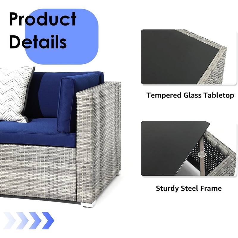 7 Pieces Patio Furniture Set, Outdoor Sectional Conversation Wicker Rattan Sofa Couch with Glass Table and Cushions, 7 PCS, Blue