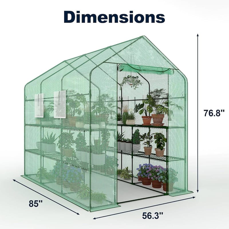 57" w x 85" l x 77" h 3-Tier Heavy Duty Walk-in Garden Portable Greenhouse for Outdoor Plants, Green