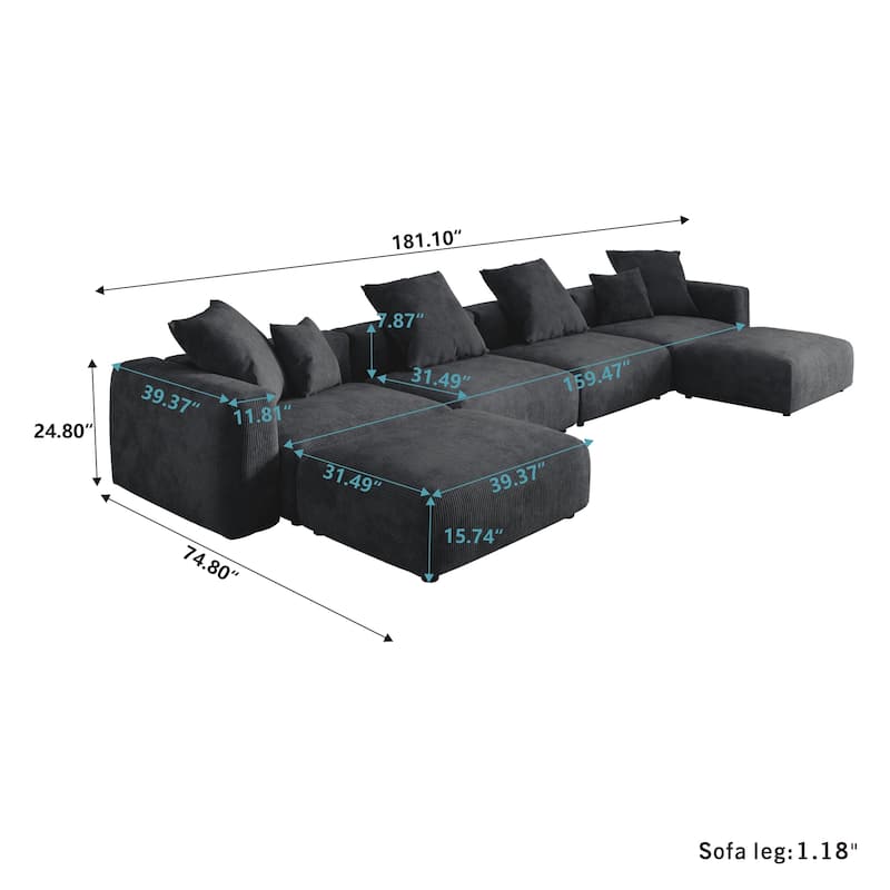 181" U-Shaped Convertible Modular Sectional Sofa With 2 Ottoman