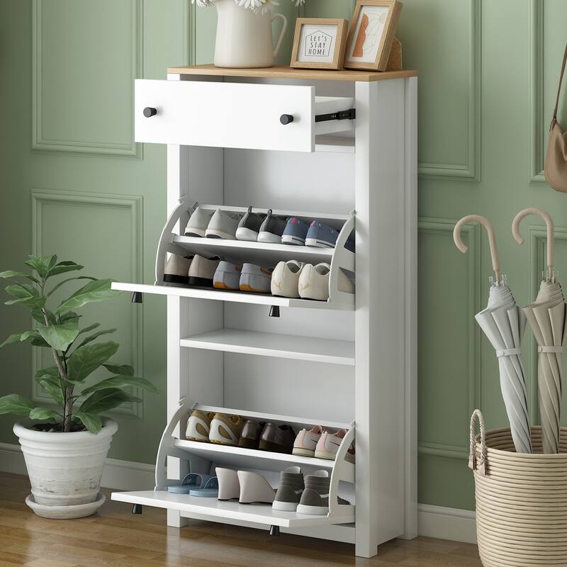 Entryway Shoe Rack Organizer with 2 Flip Drawers and Adjustable Panel,Wood Grain Pattern Top Shoe Cabinet with Drawer