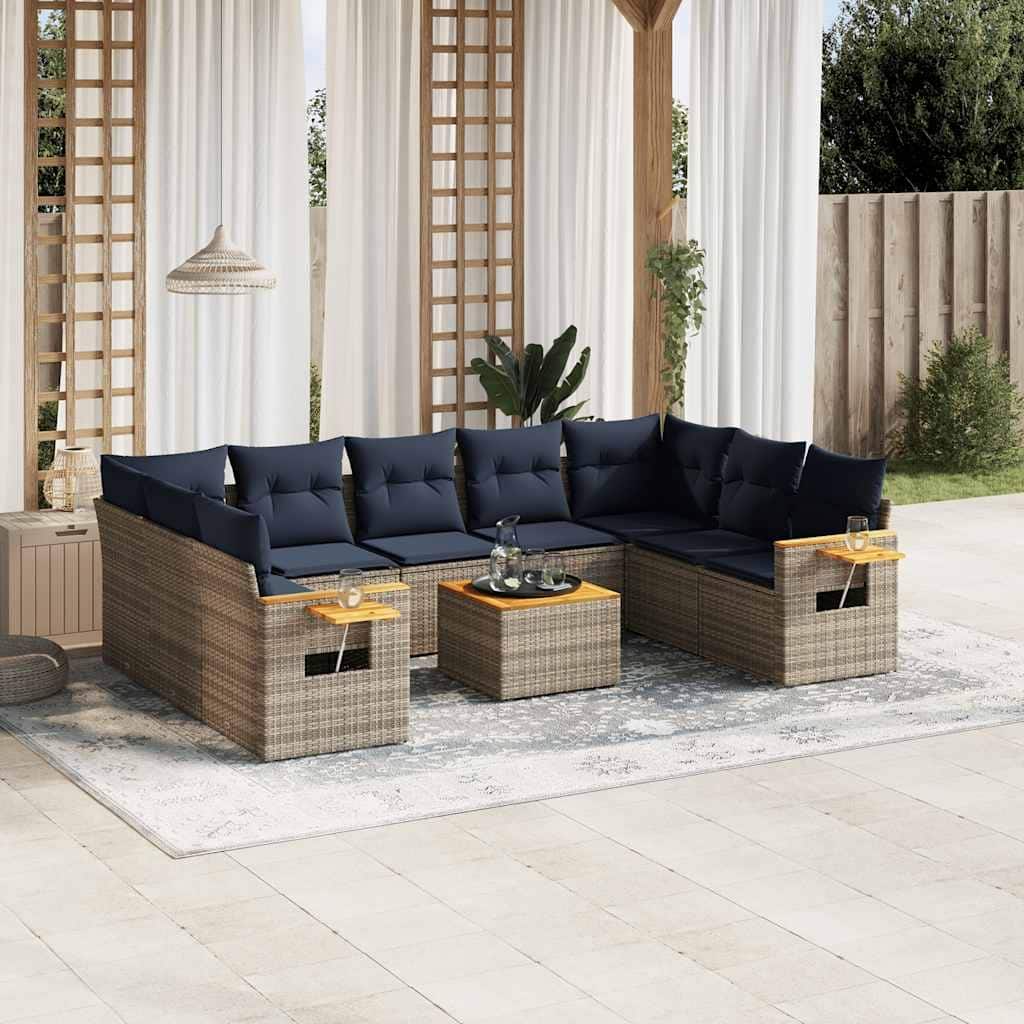 vidaXL 10 Piece Patio Sofa Set with Cushions Grey Poly Rattan (US only) - 113.8x33.5x70.5