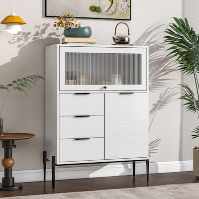 Sideboard with 3 Drawers,1 Door and 1 Glass Door Wood Cabinet with Storage for Kitchen