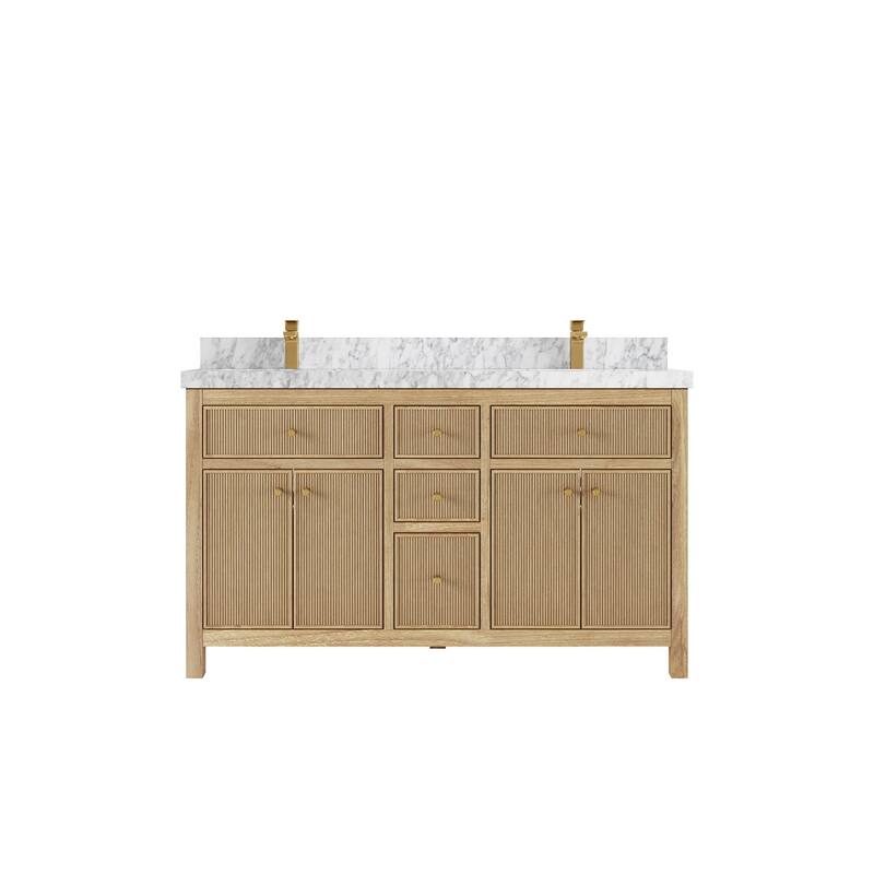 Willow Collections 60 in. W x 22 in. D Sonoma Teak Double Sink Bathroom Vanity with Countertop - 2" Carrara Marble - Light Natural