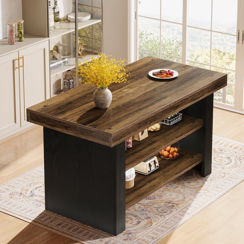 55-Inch Center Island Table with Storage, Farmhouse Kitchen Island