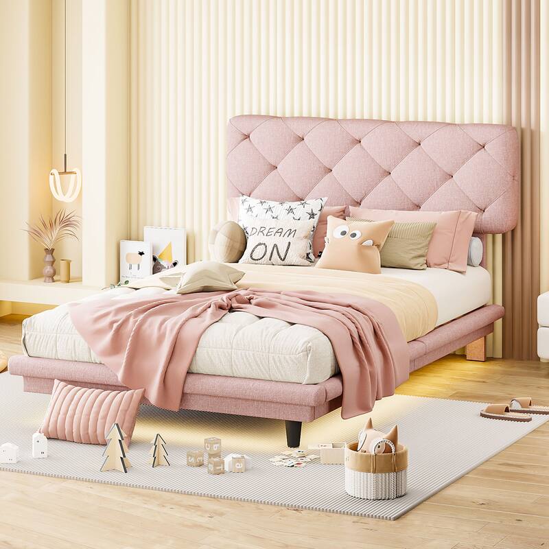 Roomfitters Twin Size Upholstered Bed with Light Stripe, Floating Platform Bed, Linen Fabric