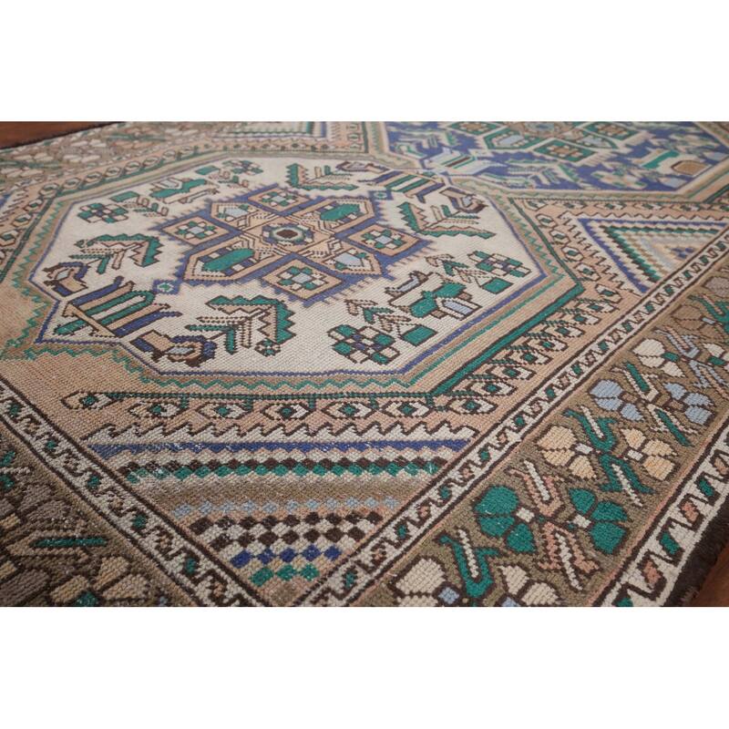 Beige Geometric Bakhtiari Vintage Persian Rug Handmade Wool Carpet - 4'10" x 9'9"