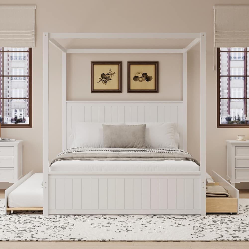 Queen Size 4-Post Solid Wood Canopy Platform Bed with Trundle and Drawers