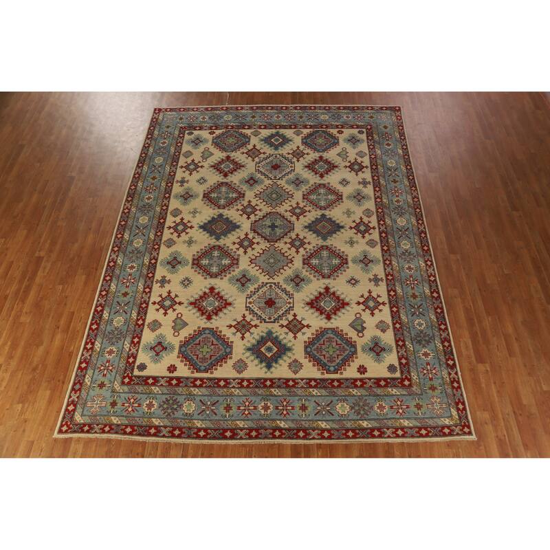 Hand Knotted Oriental 100% Wool Carpet Traditional Geometric Beige & Ivories Kazak Area Rug - 12' 0'' X 9' 1''